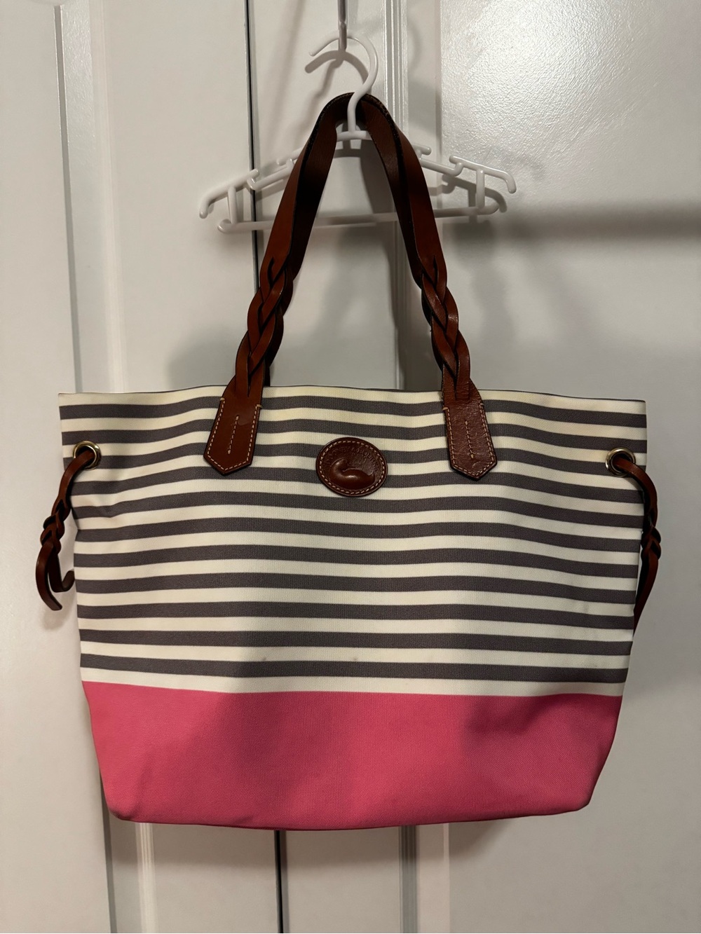 Dooney & Bourke Striped Canvas Tote with Pink Accent and Brown Leather Handles